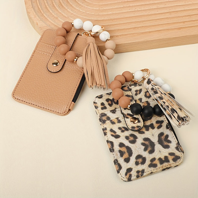 2pcs/set Fashionable Western Cowboy Bag Handmade Beaded Women'S Keychain Women'S Wallet Card Holder Gravel Pattern Leopard Pattern Cow Pattern Wrist Key Ring Gift For Friends Gift For Mom Card Bag Gift