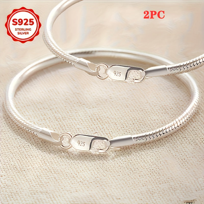 925 Sterling Silver 2pcs Snake Bone Bracelet Set for Women - Unique and Exquisite Couple Bracelet, Fashionable Bead Design, Perfect Valentine's Day or Mother's Day Gift, Elegant and Luxurious Choice, Perfect for Daily Wear or Vacation