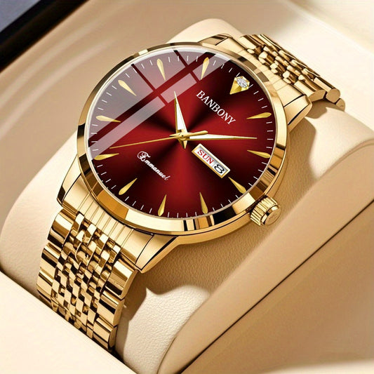 Unisex Rhinestone Stainless Steel Quartz Watch with Date Display - IPX7 Waterproof, Gold-Tone Finish, HD Dial, Elegant Casual Wristwatch for Men & Women, Party & Gift