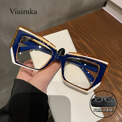 Blue Light Blocking Glasses for Women - Cat Eye Frame Transparent PC Lens Lightweight Color Block Fashion Computer Eyewear with Case, Stylish Anti Blue Light Glasses for Office Screen Work Gift