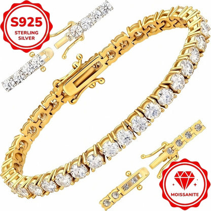 Moissanite Tennis Bracelet S925 Sterling Silver Gold - 4mm Bright Cut Arranged Stones, Elegant French Style Women's Bracelet for Wedding Birthday Gift, 6-9 Inch