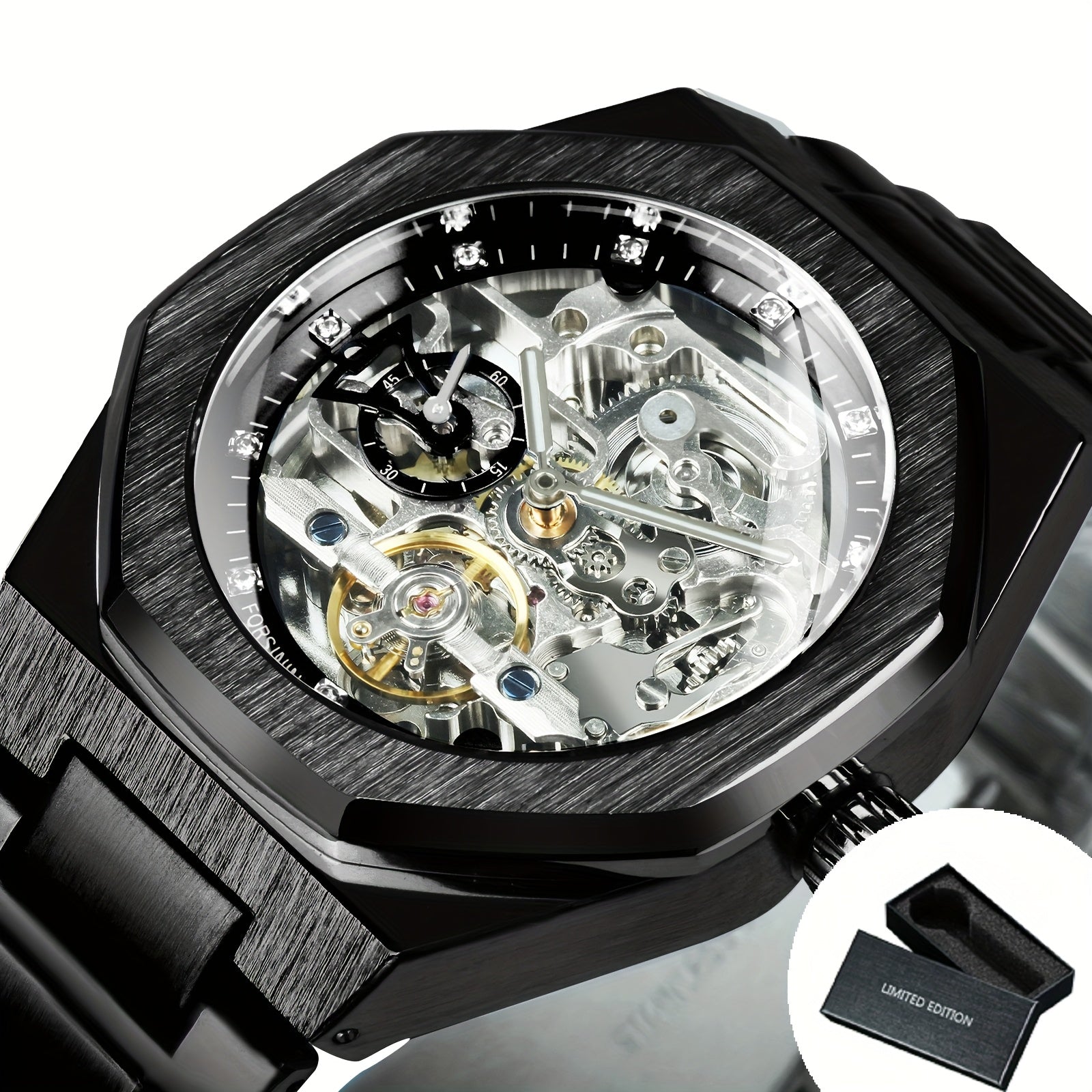 1pc FORSINING Men's Luxury Mechanical Watch - Skeleton Tourbillon, Luminous Hands, Stainless Steel Band, Irregular Case, Fashion Casual Style, Ideal for Christmas, Father's Day Gift, Luxury Business Watch | Automatic Watch | Without Battery