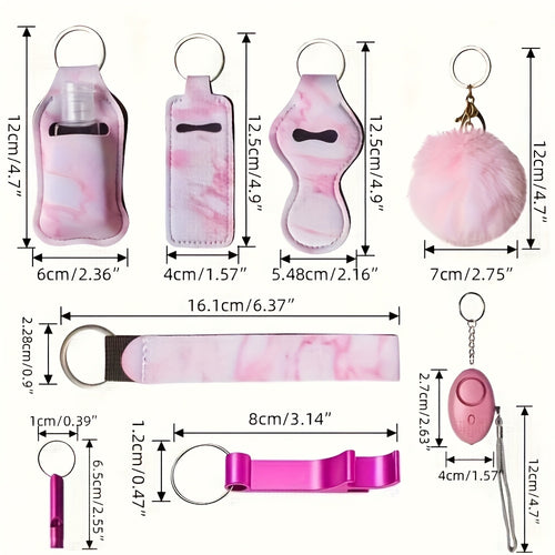 11pcs Ladies Set with Rhinestone Multifunctional Keyring, Card Holder, Storage Bag, Medication Bottle, Whistle, Perfume Bottle - Classic Quote Metal with Rhinestone Embellishment, Round Buckle, Whistle Included