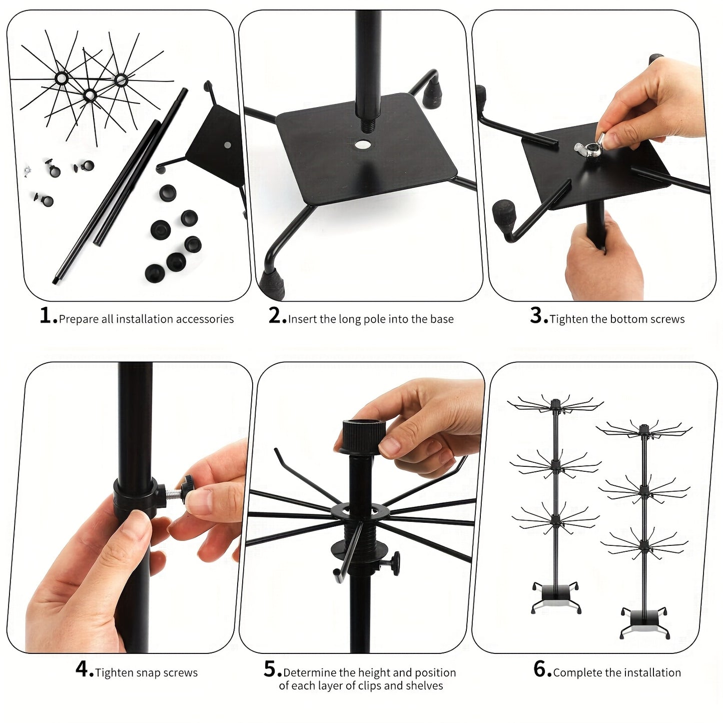 Rotating Display Rack 3 Tier Adjustable Jewelry Display Stand with Spinning Base for Jewelry Keychains Socks Hats Toys Retail Counter Organizer Black
