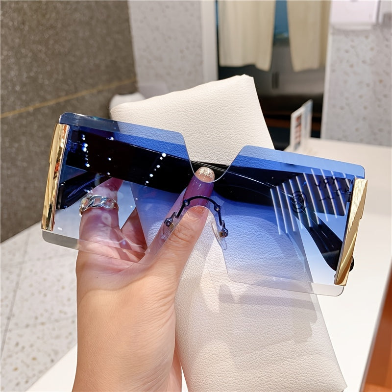Oversized Frameless Glasses Women Gold Frame Retro Square Fashion Eyewear with Case Lightweight Unisex Events Halloween Christmas Gift Golden Tea Blue Purple Pink