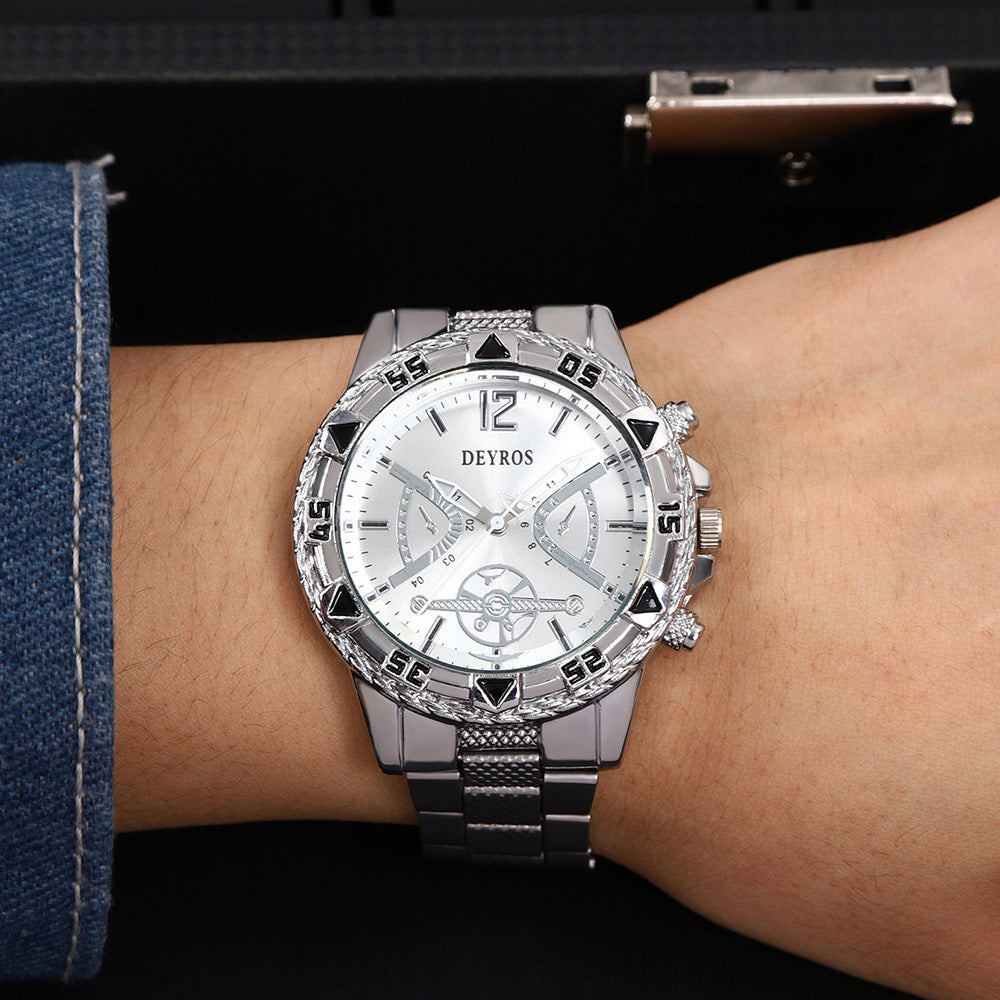 Quartz Watch Set for Men 6pcs Stainless Steel Analog Wristwatch – Date Display Round Dial Classic Luxury Timepiece Gift Box, Reloj Para Hombre