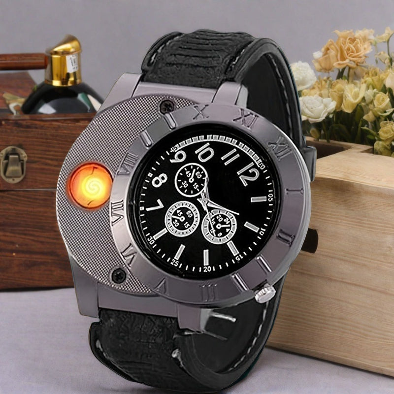 Lighter Watch for Men Lingkun Casual Wristwatch with Windproof Smoke Lighter Built-In Unique Gift for Dad Father's Day Valentine's Day Christmas Anniversary