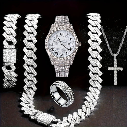 Men's Hip-Hop Watch & Waterfall Chain Jewelry Set – Sparkling Bracelet & Necklace Combo, 3pcs or 5pcs Bundle in Gold & Silver for Men