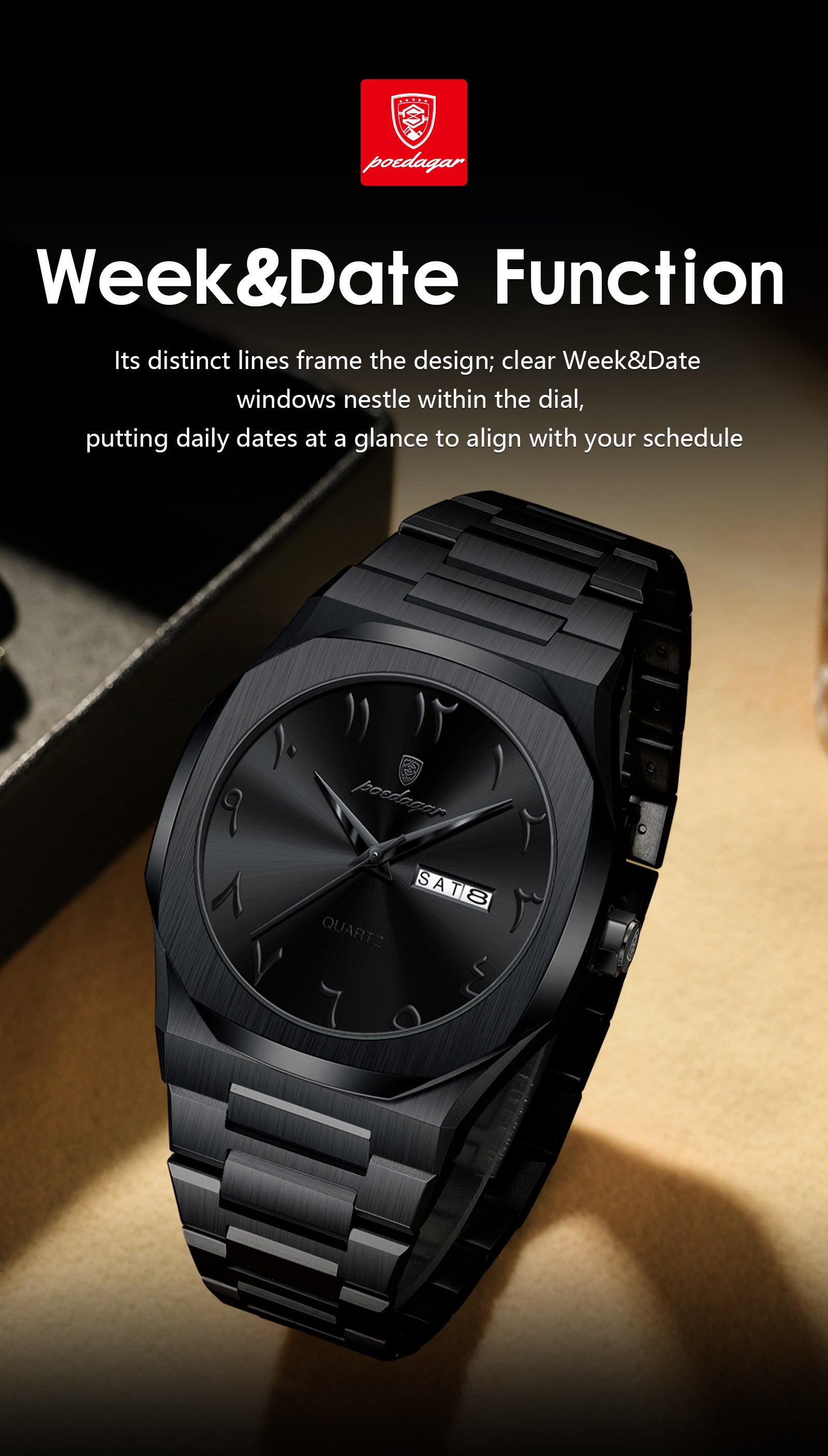 POEDAGAR Men's Automatic Week & Date Display Watch - Minimalist Casual Quartz Wristwatch with Stainless Steel Band, 3ATM Case, Battery-Powered Analog Timepiece for Casual Attire, Durable & Affordable for Daily Use Suitable for Men and