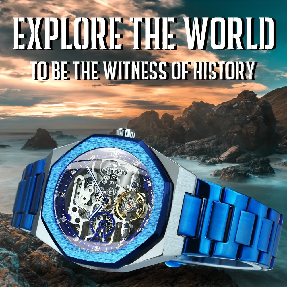 1pc FORSINING Men's Luxury Mechanical Watch - Skeleton Tourbillon, Luminous Hands, Stainless Steel Band, Irregular Case, Fashion Casual Style, Ideal for Christmas, Father's Day Gift, Luxury Business Watch | Automatic Watch | Without Battery