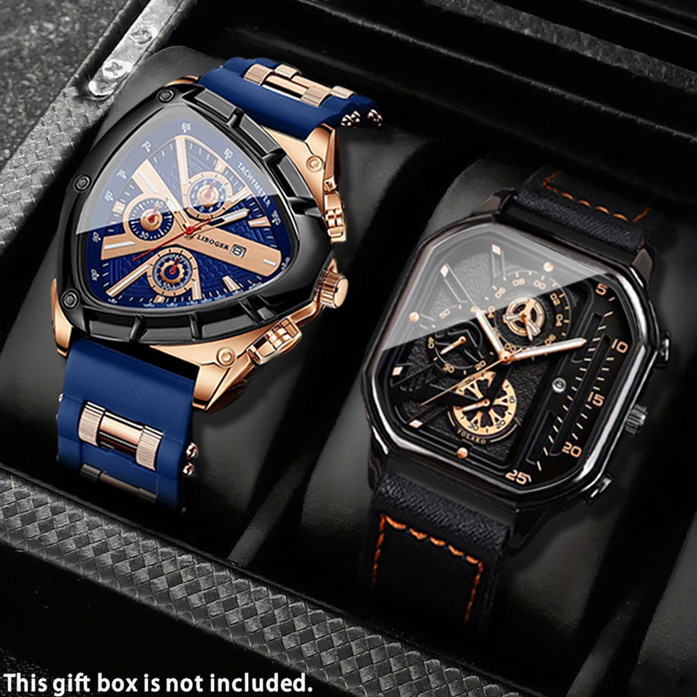 [Valentine's Father's Day Gift] 2pcs/set Luxury Sports Mens Watches For Men With Triangle Dial & Silicone Strap, Chronograph-like, Retro Square Dial & Faux Leather Starp Men Watches, Date Display, Dress Watch For Casual, Valentine's Father's Day Gift, Rel