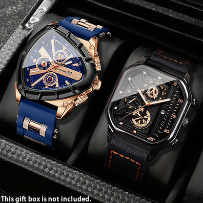Men's 2-Piece Watch Set – Triangle Dial Silicone Strap & Retro Square Dial Faux Leather, Date Display Sport Dress Watches, Gift for Him