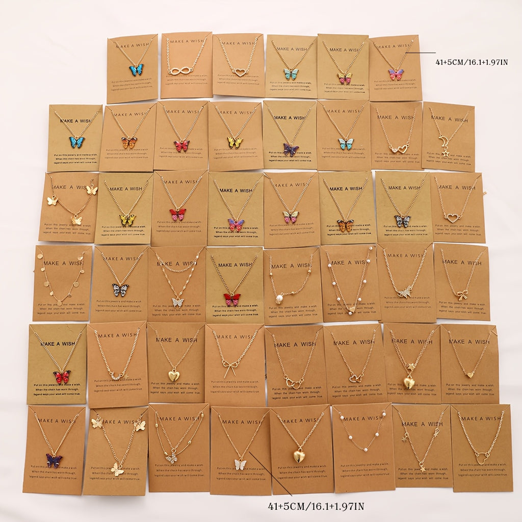 Random 21pcs/10pcs/6pcs Minimalist Fashion Star Moon Heart Bow Rhinestone Drip Oil Butterfly Necklace Set Women'S Dating Vacation Daily Matching Party Anniversary Holiday Gift Valentine'S Day Mother'S Day (With Cardboard)