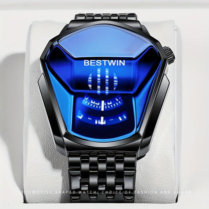 Men's Quartz Watch Blue Rhinestone Dial Steel Band Business Dress Watch for Men Fashion Analog Wristwatch Gift