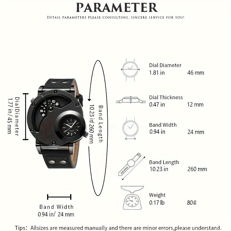 Vintage Men Watch Big Dial Double Time Shows PU Leather Business Quartz Watches for Man Analog Hot Deal Clock