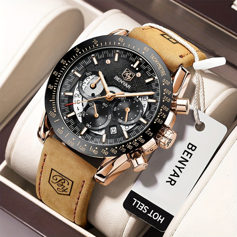 [BENYAR Luminous Chronograph Watch] BENYAR Analog Quartz Chronograph Luminous Watch - Big Face Mens Business Work Sport Casual Fashion Designer Dress Wrist Watch - Elegant Gift For Men