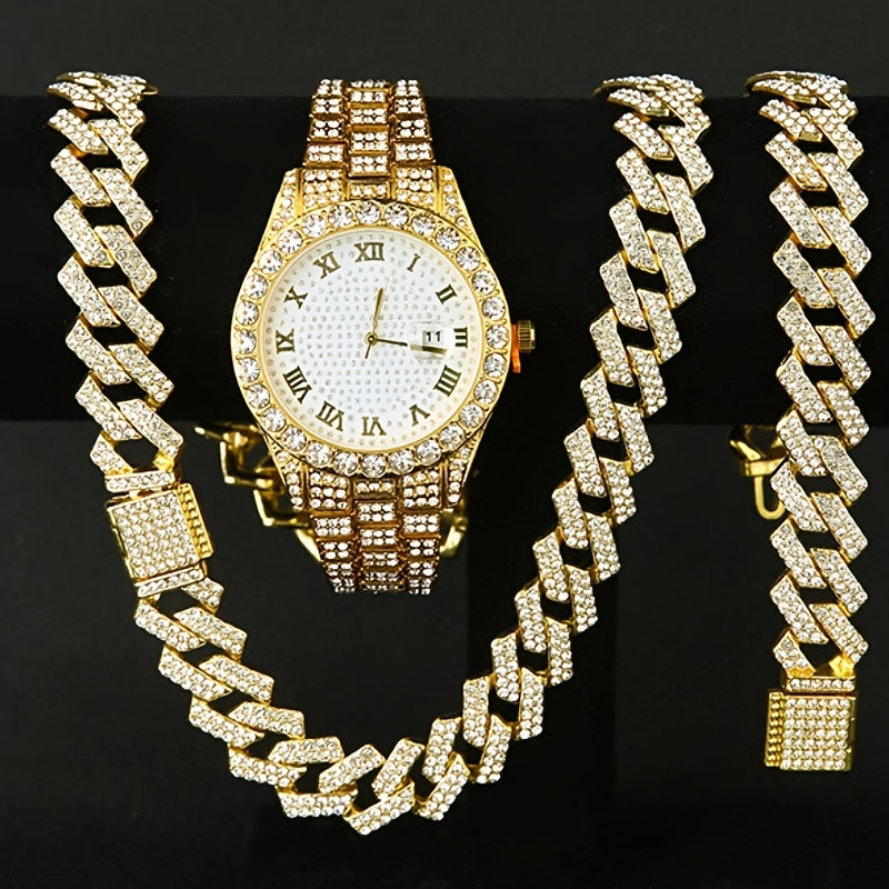3pcs/5pcs, A Fashionable Hip-hop Watch Set with Waterfall Chain Bracelet And Necklace - Sparkling Water Droplets, Classic Design, Suitable for Men's Wear