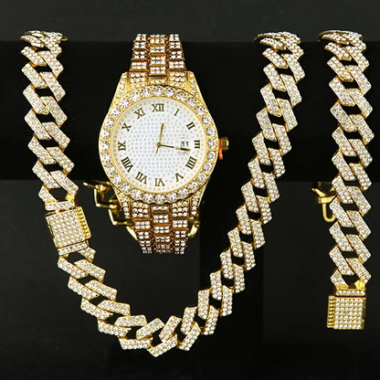 Men's Hip-Hop Watch & Waterfall Chain Jewelry Set – Sparkling Bracelet & Necklace Combo, 3pcs or 5pcs Bundle in Gold & Silver for Men