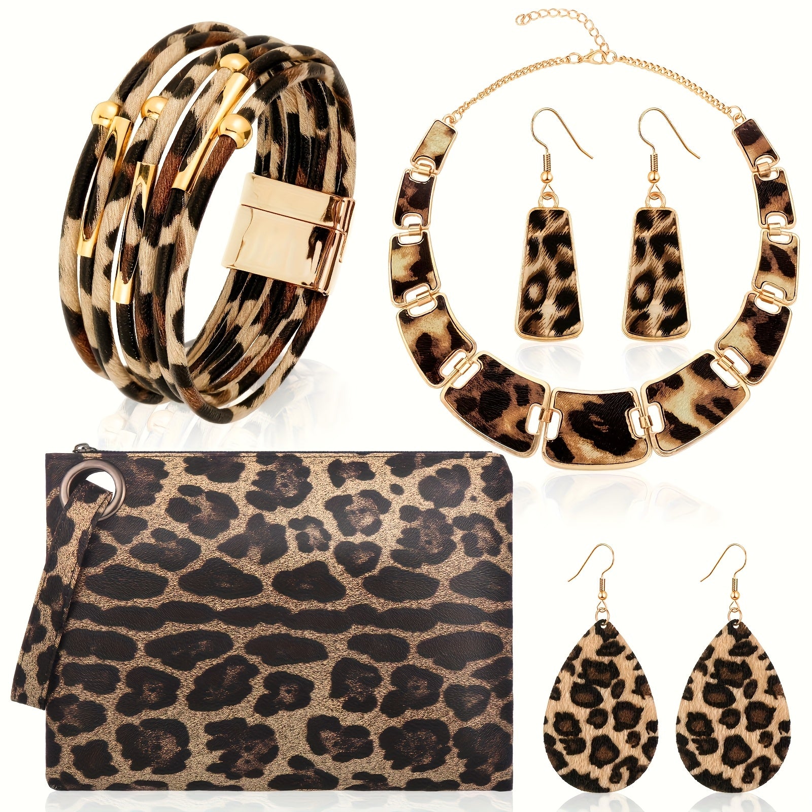 7/ Pcs Set Bohemian Style Leopard Print Jewelry Sets - Plastic Fashion Accessories Including  Necklaces, Earrings, Bracelets, and Handbags - Suitable for Daily and Vacation Wear