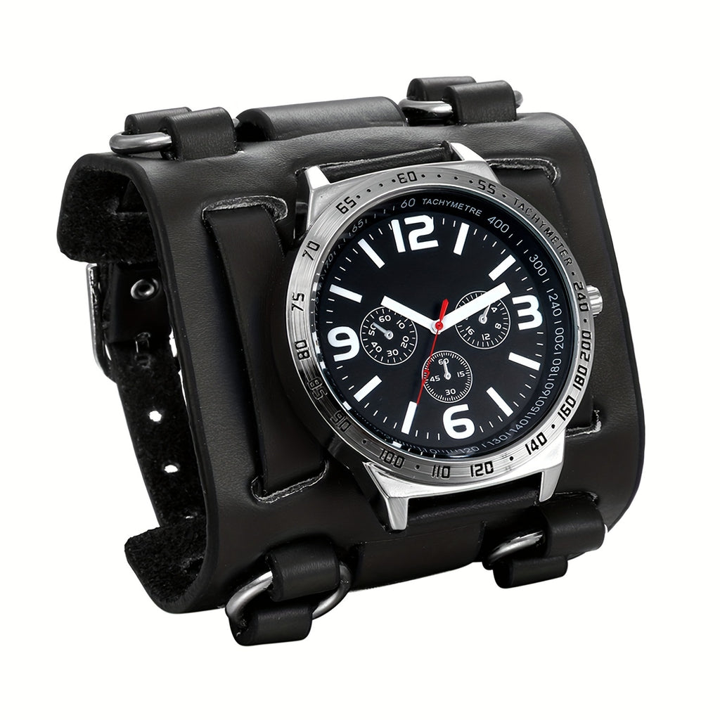 Hip Hop Punk Rock Style Analog Quartz Men's Watch, Europe And The United States Trend Personality Biker Wide Leather Watch, Three Eyes Decorative Dial, Halloween Christmas Birthday Gift