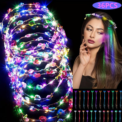 LED Light Up Hair Accessories Set 36pcs - Luminous Glow Headwear Bundle with Flower Garland Crown, Fiber Optic Braids & Butterfly Hair Extensions for Party Concert Festival Wedding Halloween Christmas