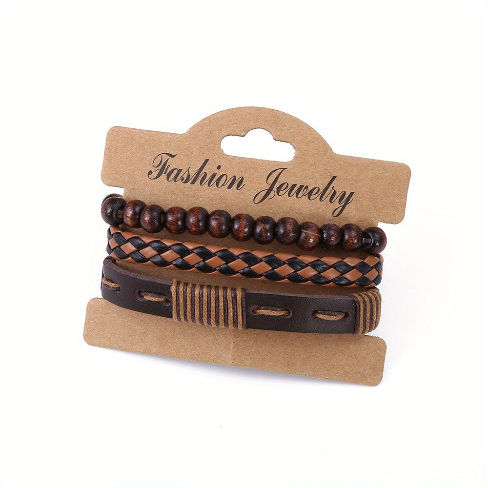 12pcs Vintage Men's Bracelet Set Woven Leather Tiger Eye Stone and Moonstone Beads Synthetic Fiber Rope Suitable for Casual and Party Wear Fashionable Jewelry