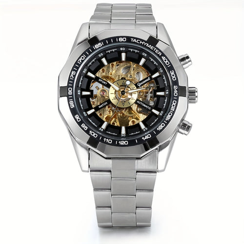 Men's Automatic Skeleton Watch | Self-Winding Mechanical Wristwatch with Open Heart Dial & Stainless Steel Band, No Battery Luxury Dress Watch in Silver, Gold & Blue