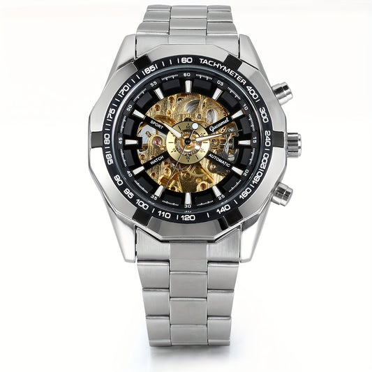 Men's Automatic Skeleton Watch | Self-Winding Mechanical Wristwatch with Open Heart Dial & Stainless Steel Band, No Battery Luxury Dress Watch in Silver, Gold & Blue