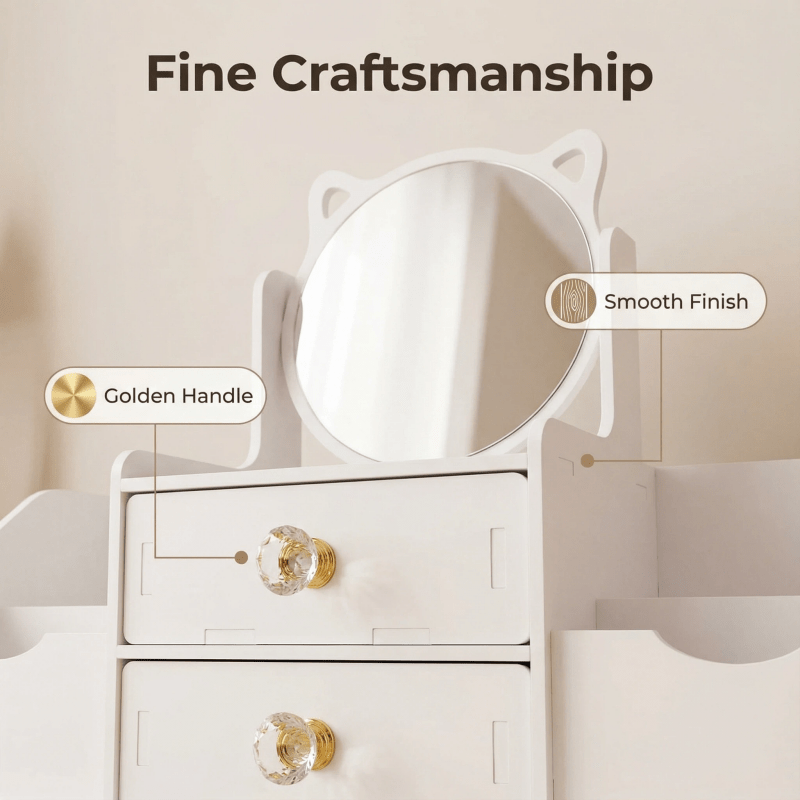 Jewelry Box with Mirror Cat Ear Design – Small Makeup Storage Organizer with Drawers, Light Luxury Vanity Case for Bedroom Dressing Room & Living Room