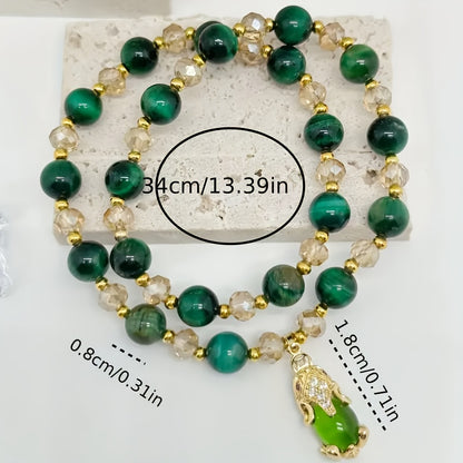 Green Tiger Eye Stone Bracelet – Natural Gemstone Beaded Bracelet for Good Luck & Tranquility, Stainless Steel Accents, Healing Crystal Jewelry Gift for Women Men, Thanksgiving Christmas Birthday
