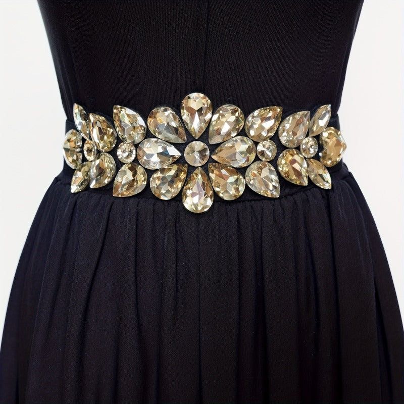 Ladies Fashion Shiny Big Bead Glass Synthetic Gem Exaggerated Gorgeous Style Dinner Stretch Belt