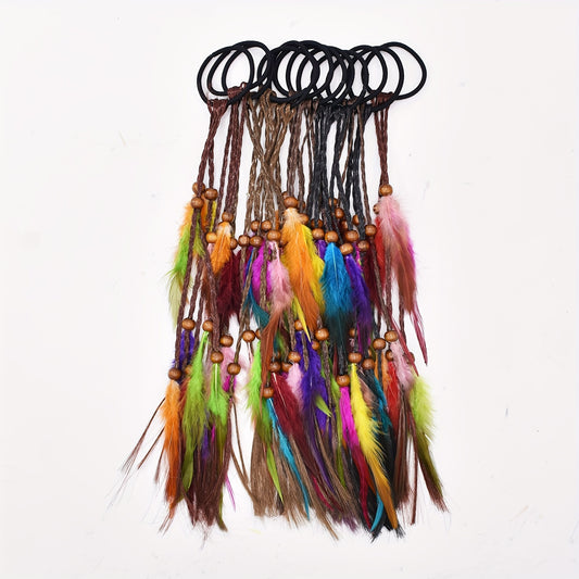 6pcs Set Random Mixed Color Feather Colored Ribbon Braid Head Rope Braided Hair Colored Rope Feather Hair Loop Hair Band Colored Ribbon Rope