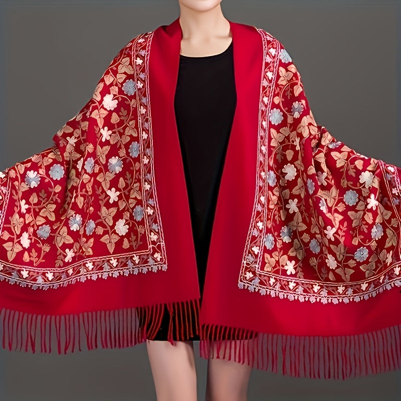 Floral Embroidered Coat & Vintage Embroidered Scarf Wrap - Bohemian Style Oversized Shawl for Spring/Fall - Versatile Warm Ethnic Print Accessory