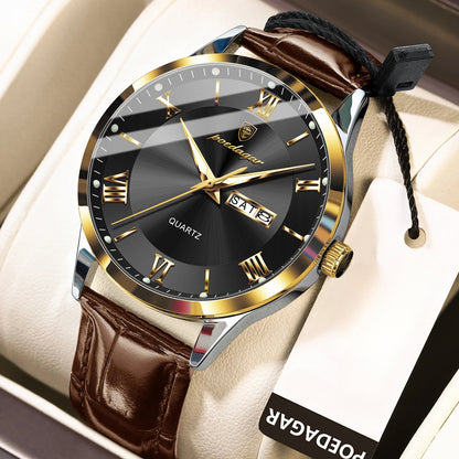 POEDAGAR 978P Men's Watch 3ATM Waterproof Date Display PU Leather Band – Fashion Casual Round Dial Quartz Wristwatch for Men, Multiple Colors
