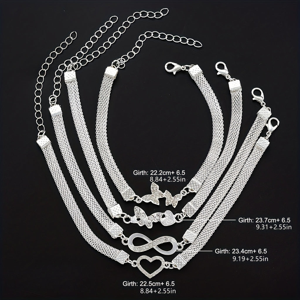 [Mother's Day Gift] 925 Silvery 4pcs Elegant and Simple Infinity Symbol Love Butterfly Foot Chain Multi-Stacking Women's Fashionable Versatile Footwear Mother's Day Gift.Total Weight of the Product (9.95g)