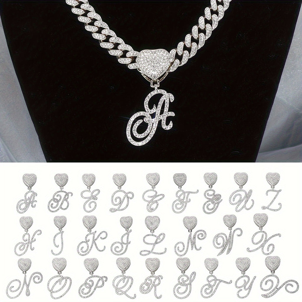 [Heart Letter Necklace] 1pc Silvery Cuban Chain Heart Shaped Letter Pendant Necklace | Initial Letter Necklace for Men And Women - Hip Hop Jewelry Gift
