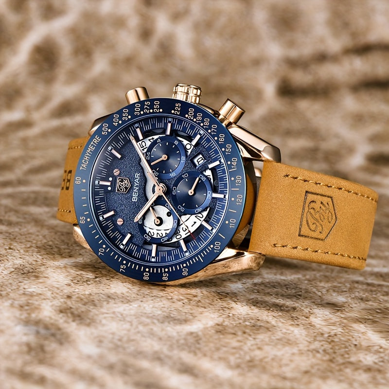 BENYAR Watch Men Luminous Chronograph Analog Quartz Big Face Business Sport Casual Fashion Dress Wristwatch Elegant Gift for Men Golden Silver Blue Black