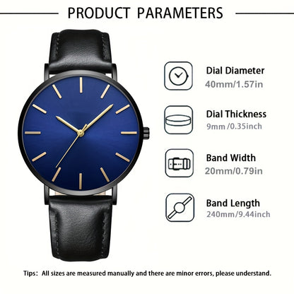 Minimalist Watch for Men Analog Quartz Round Dial PU Leather Strap Stainless Steel Case Elegant Casual Business Wristwatch Low Maintenance Black Blue