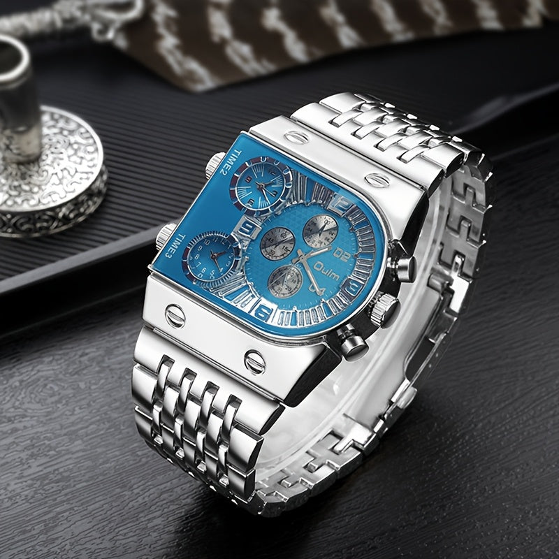 Gold Watch for Men Luxury Quartz Chronograph Roman Numeral Dial Date Multi-Timezone Alloy Band Business Formal Dress Wristwatch Golden Silver Blue Black