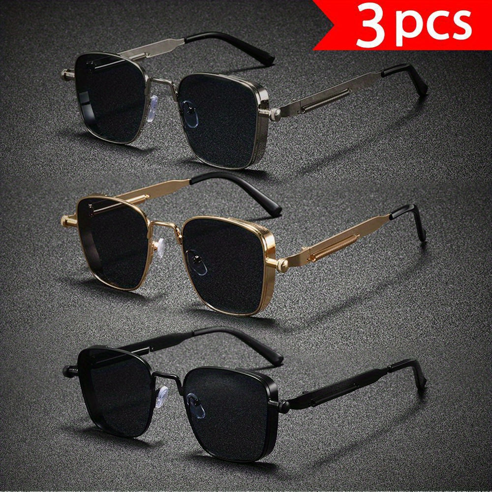 3 Pairs Punk Style Rectangular Glasses- Unisex Cyberpunk Fashion Glasses with Black& Golden Frames, Decorative Lenses for Men& Women, Casual& Formal Wear, Stylish Eyewear, Durable Eyewear, Casual Wear, Formal Accessories, Rectangular Frames, Sturdy Constr