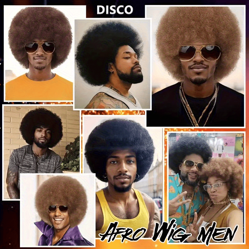 5pcs 70s Disco Party Wig & Complete Costume - Curly Short Black/Brown wigs with Cap, Glasses, Beard & Necklace Suitable for Role-Play, Halloween Costumes, Themed Parties - Men's Vintage Hair for 70s