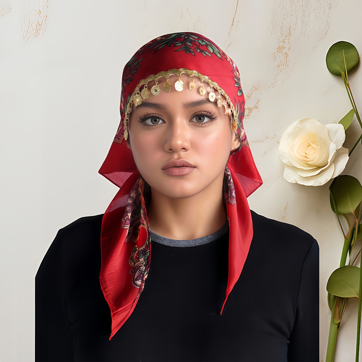 Elegant Golden Chain Headscarf - Breathable Lightweight 100% Polyester Shawl with Intricate Floral Print, Adjustable Closure for Ramadan & Special Occasions, Multi-Color Traditional Headgear