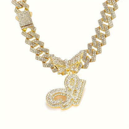 Cuban Link Chain Necklace - Initial Letter for Men Women - with Butterfly Alphabet Pendant A-Z, Gold & - product detail view
