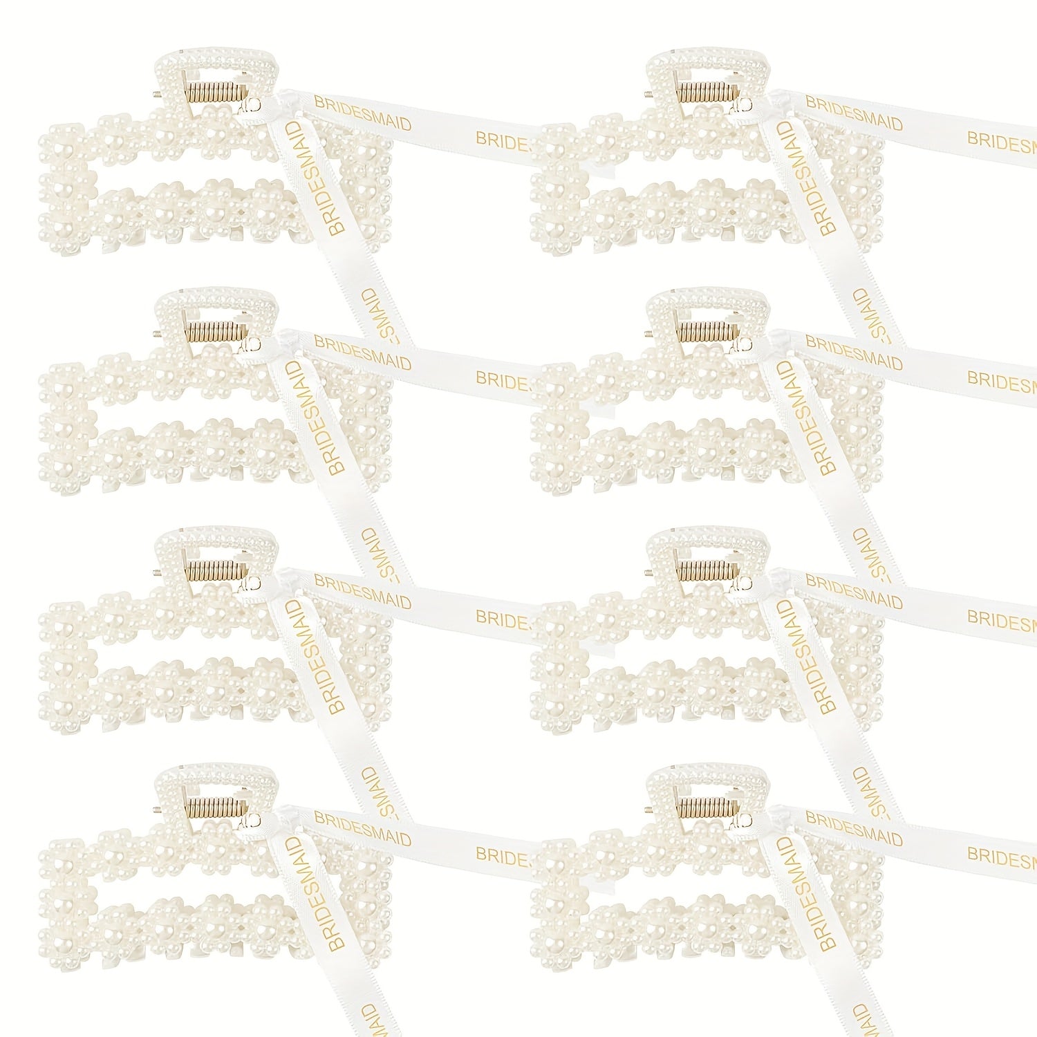 8-Pack Elegant Pearl Bridesmaid Hair Claw Clips with Ribbon, 3.7 Inch Vintage Style Plastic Oblong Hair Additions, Floral Design for Wedding Bridal Party Favors And Bachelorette Gifts