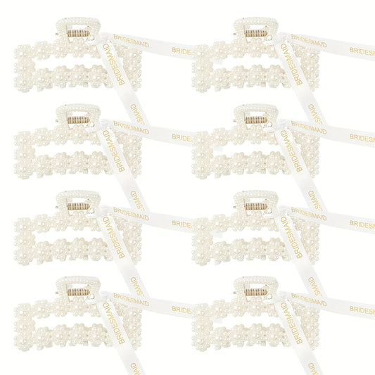 8-Pack Elegant Pearl Bridesmaid Hair Claw Clips with Ribbon, 3.7 Inch Vintage Style Plastic Oblong Hair Additions, Floral Design for Wedding Bridal Party Favors And Bachelorette Gifts