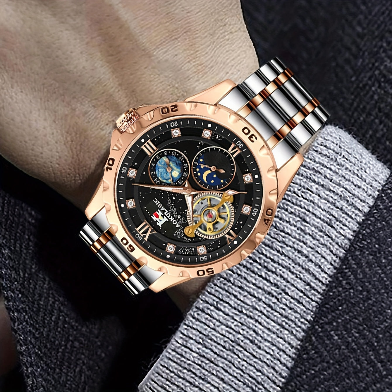 Top Brand Men Fashion Tourbillon Skeleton Automatic Mechanical Watch, Rose Golden Case Stainless Steel Strap, Iced Out Starry Sky Luminous Dial, Business Casual Mens Watches, 1pc, Gifts with Box