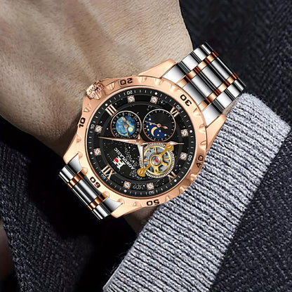 Automatic Mechanical Watch Men Tourbillon Skeleton Rose Gold Stainless Steel – Starry Sky Luminous Dial Iced Out Business Casual Wristwatch Gift Box