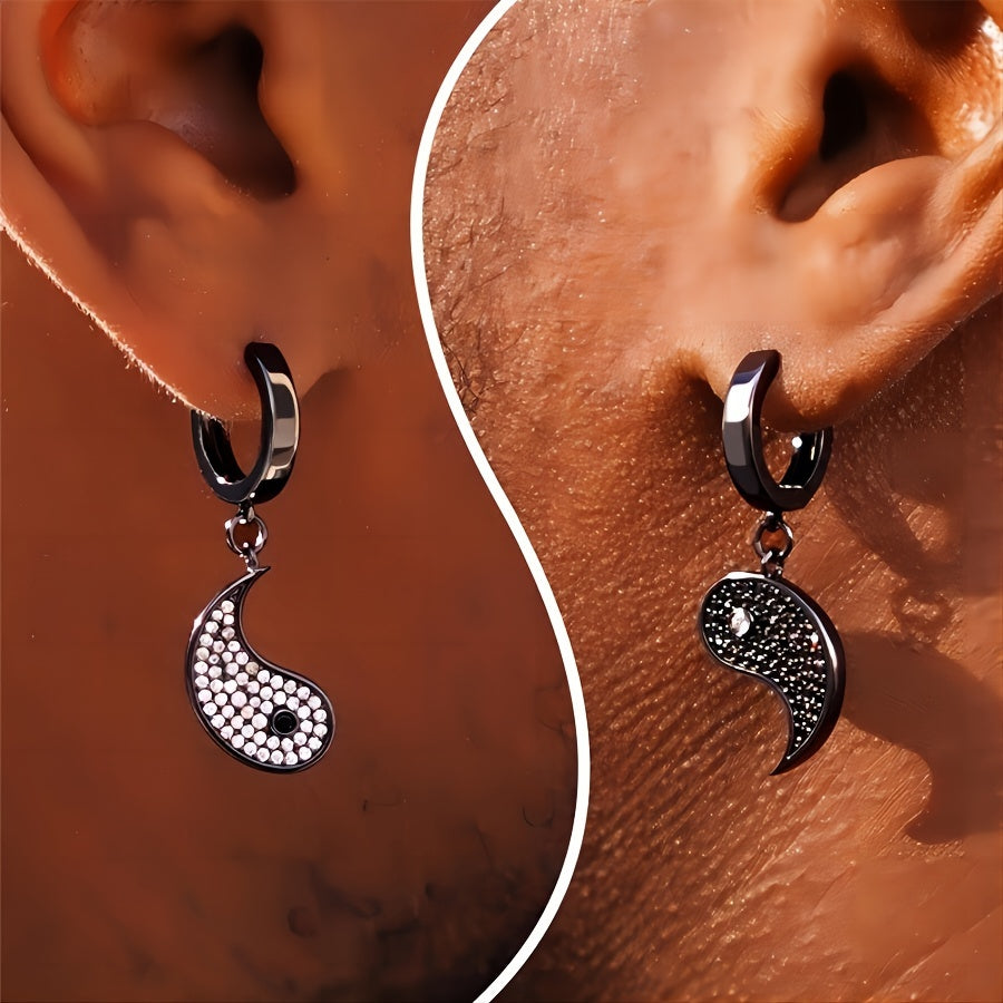 1 Pair Yin Yang Tai Chi 304 Stainless Steel Rhinestones Earrings for Men - Funky Street Style Unisex Jewelry, Symbolic Balance Design, Birthday & Friendship Gifts for Him/Her, Gift Box Included, Fashion Accessory, Intricate Detailing