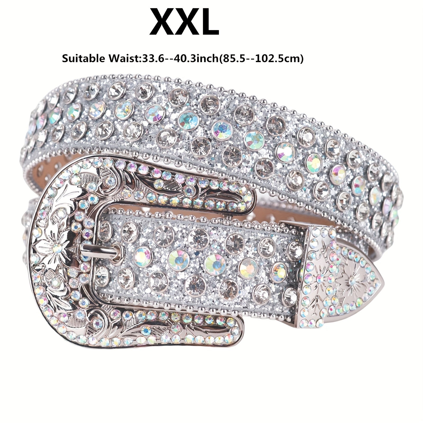 Silvery Sparkle Rhinestone Belts Women'S Luxury Bling Bling Carved Buckle Belt Punk Cowgirl Cowboy Crystal Studded Belts for Jeans