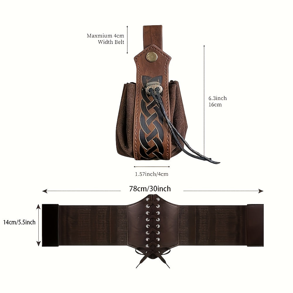 Renaissance Corset Costume Set 6pcs - Medieval Belt Pouches Cork Bottle Waist Guard for Women Halloween LARP Cosplay Role Play Party Photography Props in Black Brown
